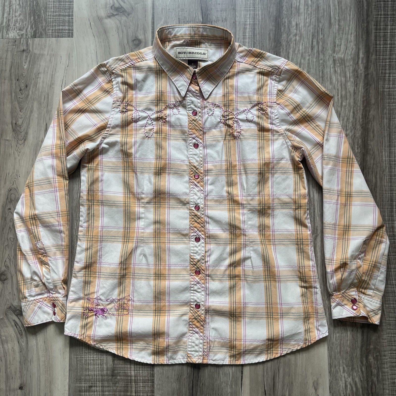 Bit & Bridle Womens M Pearl Snaps ~Western Rancher Shirt Equestrian Rockabilly